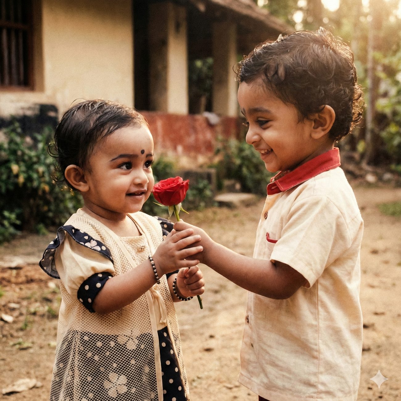 Imagined picture of the two of us as children, the boy offering the girl a red rose