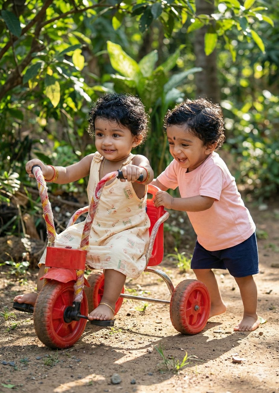 Imagined picture of the two of us as children, the boy pushing the girl on a red tricycle